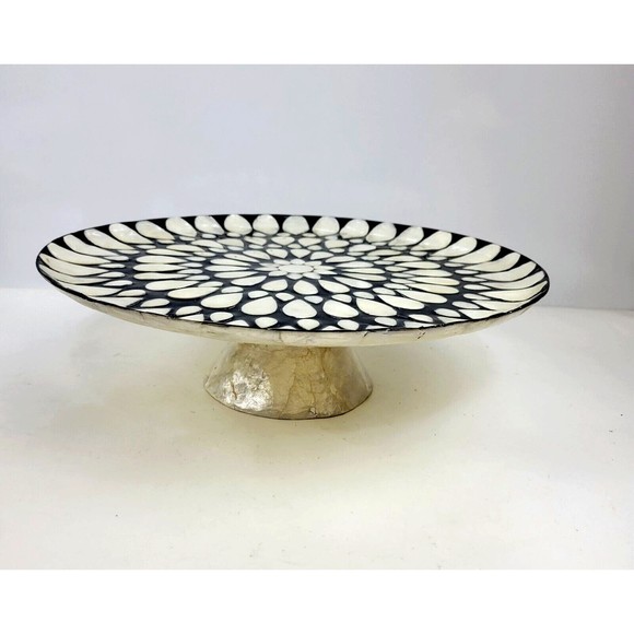 Capiz Shell Pedestal Cake Stand Plate Decorative Flower Inlay Black Ivory 13" - Picture 8 of 15